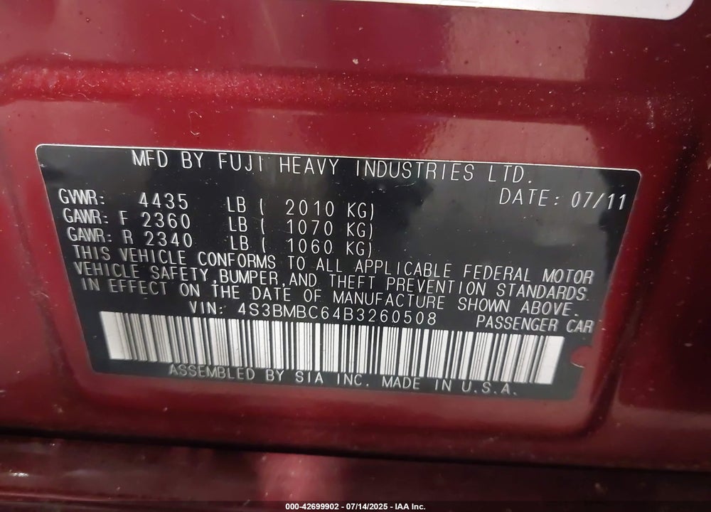 2011 SUBARU LEGACY VIN: 4S3BMBC64B3260508