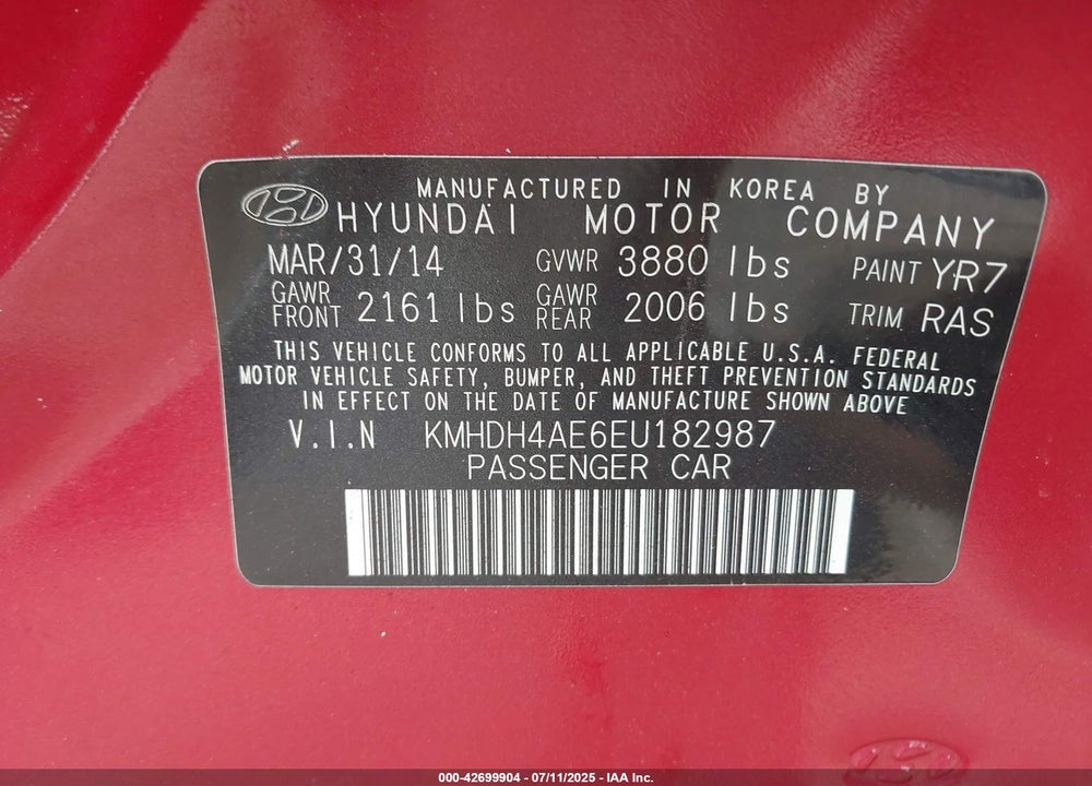 2014 HYUNDAI ELANTRA VIN: KMHDH4AE6EU182987
