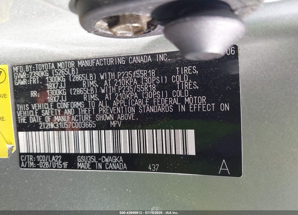 2007 LEXUS RX 350 VIN: 2T2HK31U57C003665
