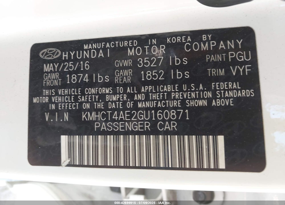 2016 HYUNDAI ACCENT VIN: KMHCT4AE2GU160871