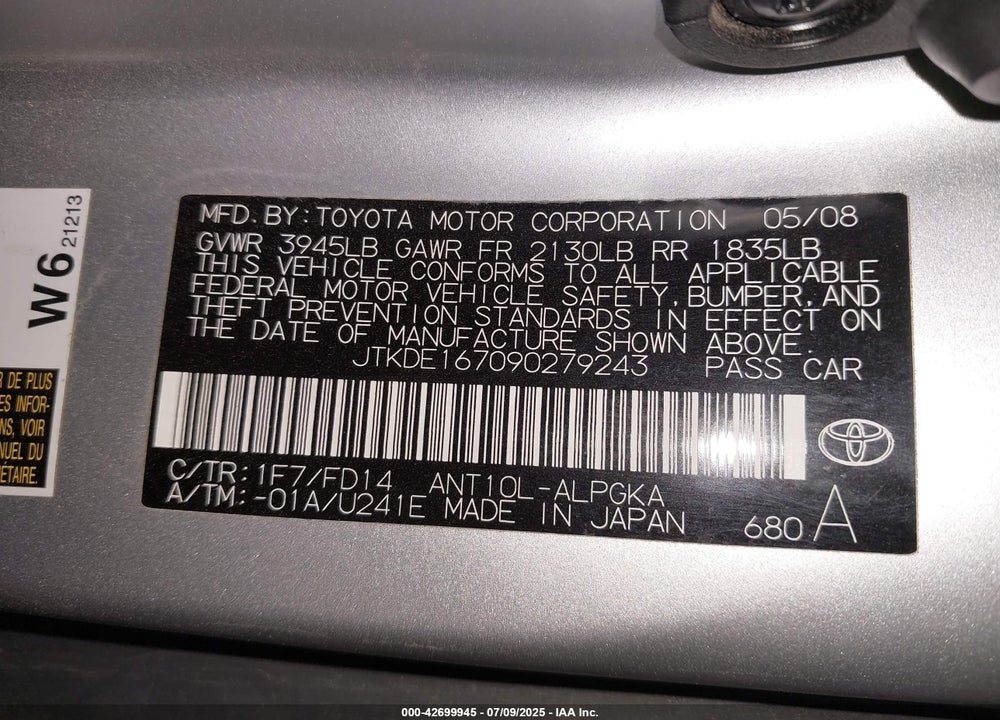 2009 SCION TC VIN: JTKDE167090279243