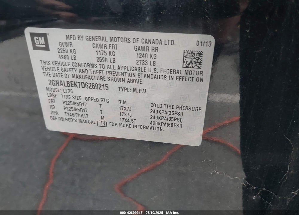 2013 CHEVROLET EQUINOX VIN: 2GNALBEK7D6269215