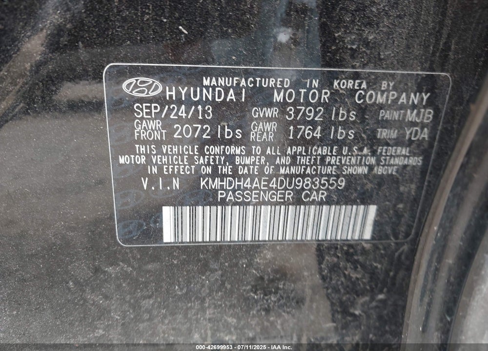 2013 HYUNDAI ELANTRA VIN: KMHDH4AE4DU983559