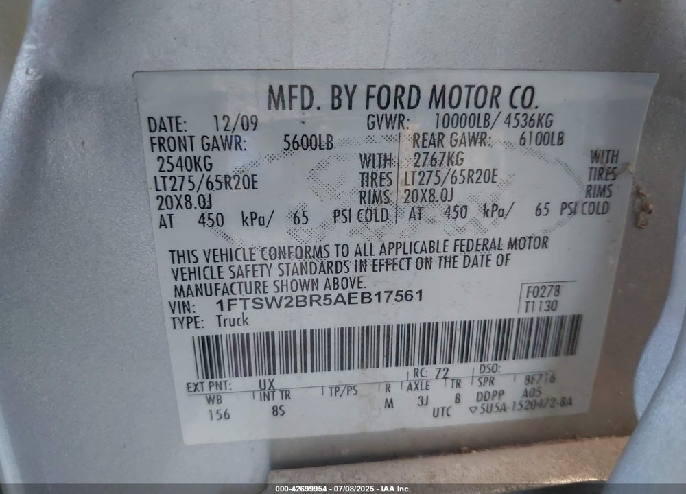 2010 FORD F-250 LARIAT VIN: 1FTSW2BR5AEB17561