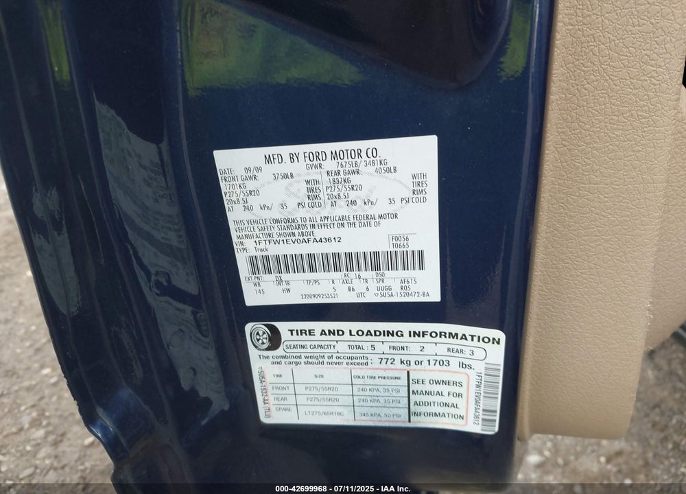 2010 FORD F-150 VIN: 1FTFW1EV0AFA43612