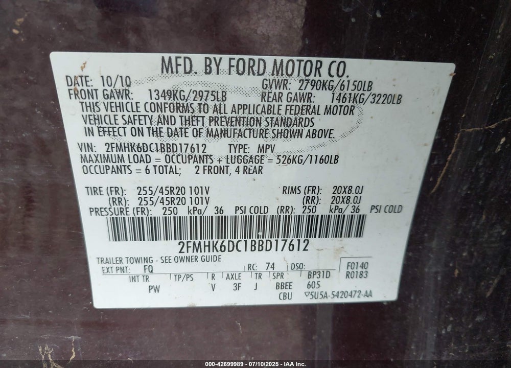 2011 FORD FLEX VIN: 2FMHK6DC1BBD17612