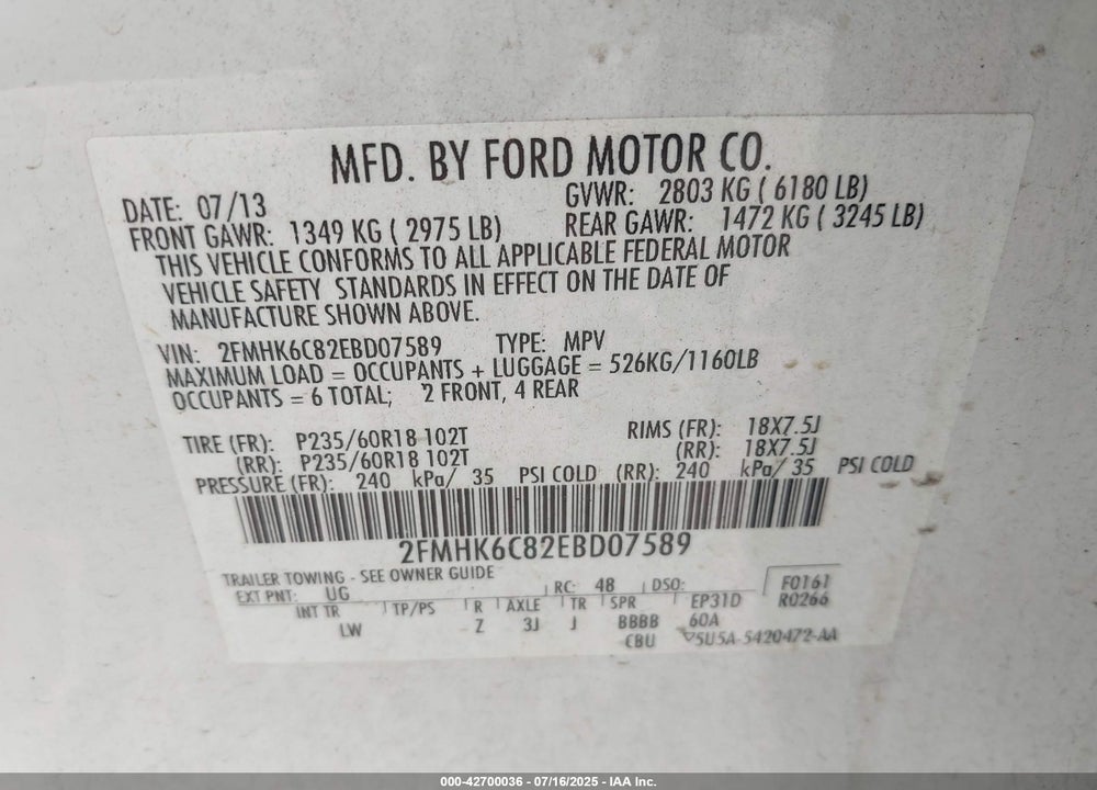 2014 FORD FLEX VIN: 2FMHK6C82EBD07589