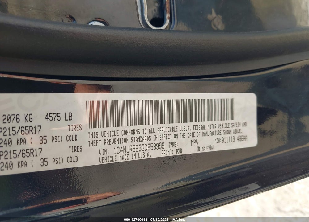 2016 JEEP PATRIOT VIN: 1C4NJRBB3GD658999