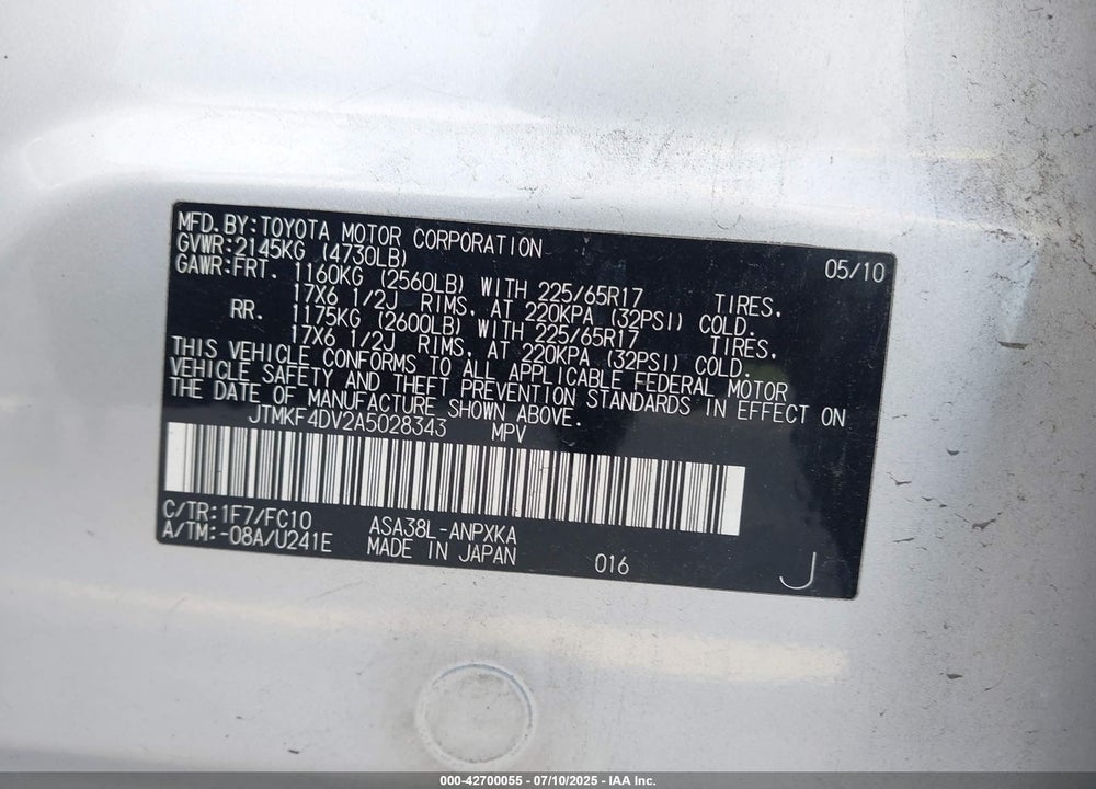 2010 TOYOTA RAV4 VIN: JTMKF4DV2A5028343