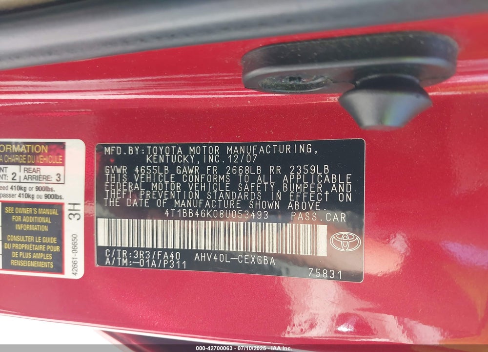 2008 TOYOTA CAMRY HYBRID VIN: 4T1BB46K08U053493