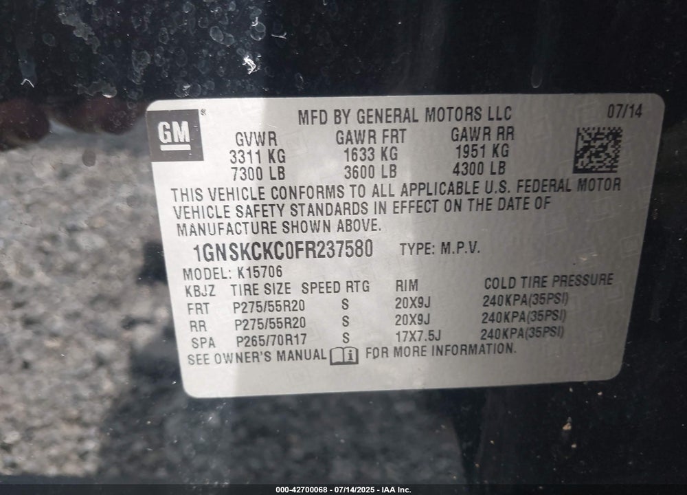 2015 CHEVROLET TAHOE VIN: 1GNSKCKC0FR237580