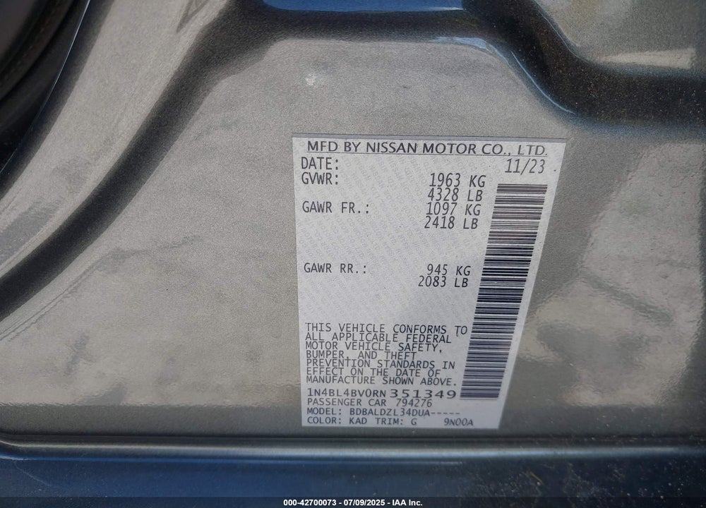 2024 NISSAN ALTIMA VIN: 1N4BL4BV0RN351349