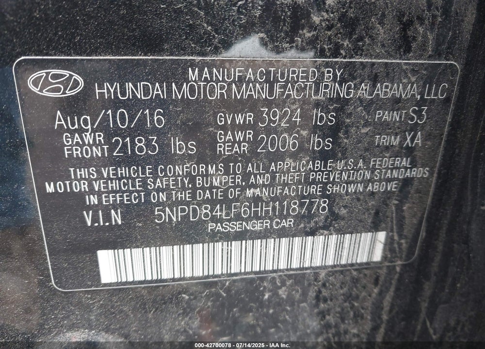 2017 HYUNDAI ELANTRA VIN: 5NPD84LF6HH118778