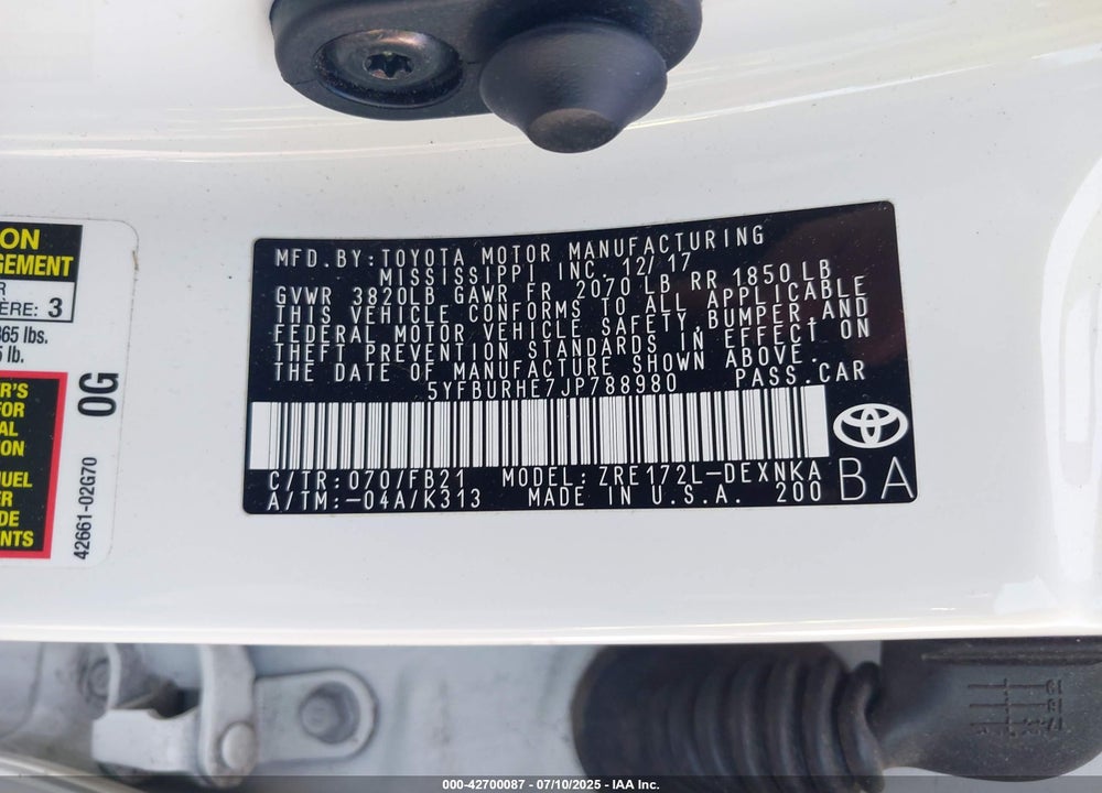 2018 TOYOTA COROLLA VIN: 5YFBURHE7JP788980