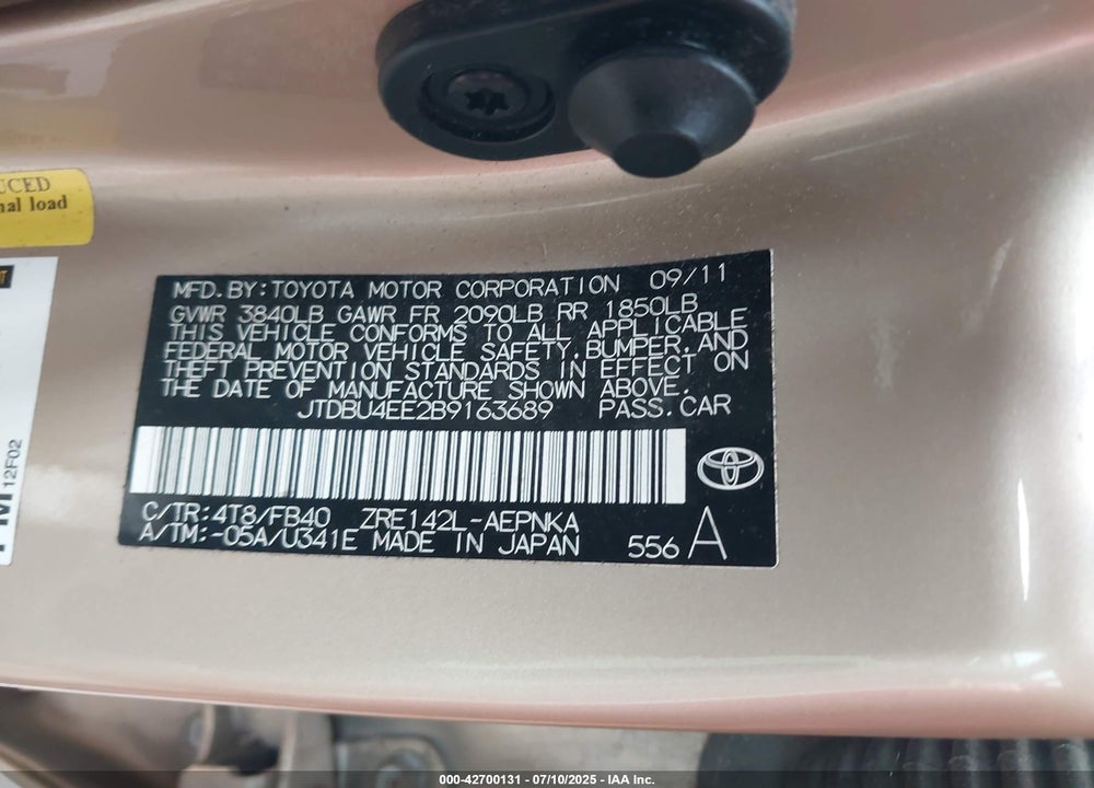 2011 TOYOTA COROLLA VIN: JTDBU4EE2B9163689