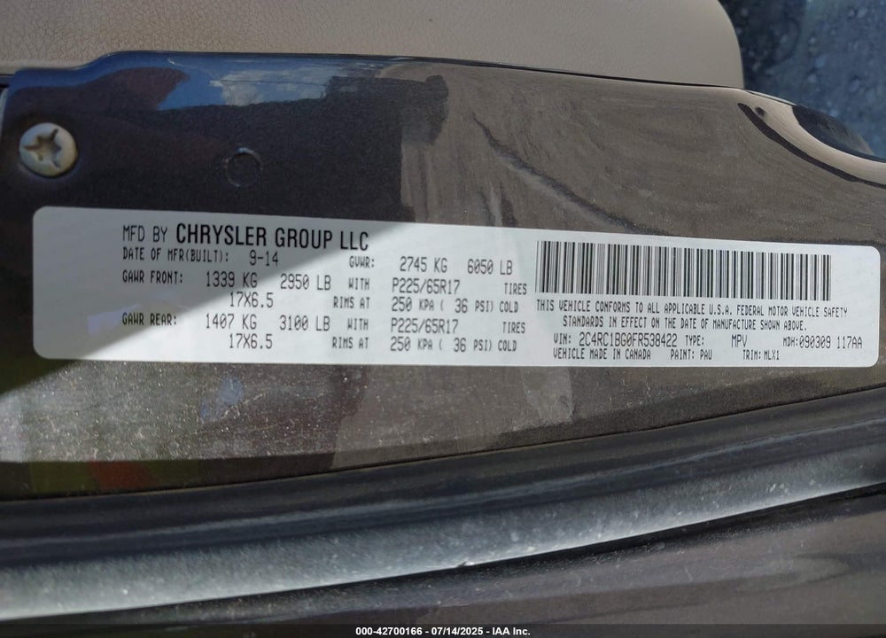 2015 CHRYSLER TOWN & COUNTRY TOURING VIN: 2C4RC1BG0FR538422