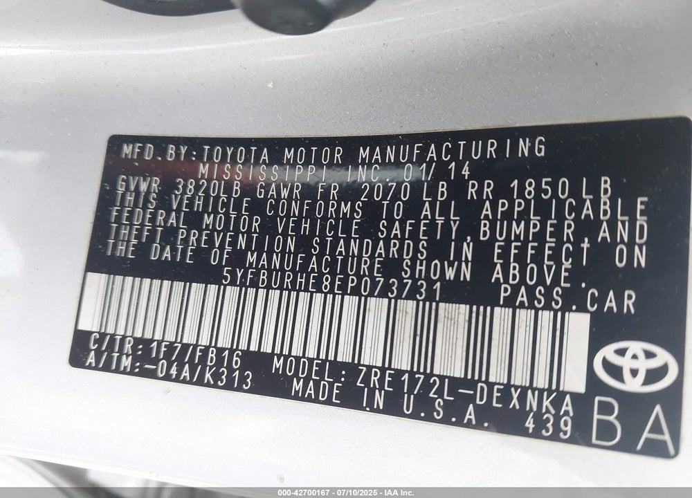 2014 TOYOTA COROLLA LE PLUS VIN: 5YFBURHE8EP073731