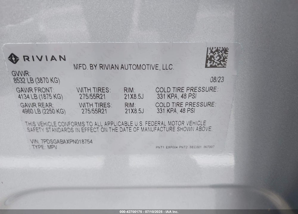 2023 RIVIAN R1S VIN: 7PDSGABAXPN018754