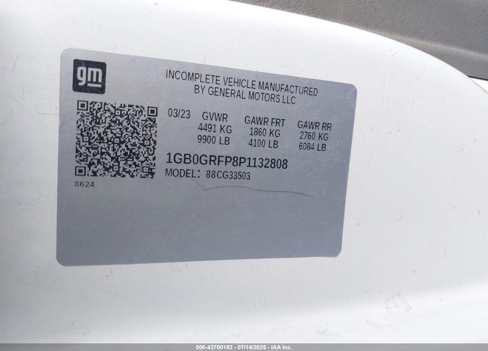 2023 CHEVROLET EXPRESS CUTAWAY WORK VAN VIN: 1GB0GRFP8P1132808