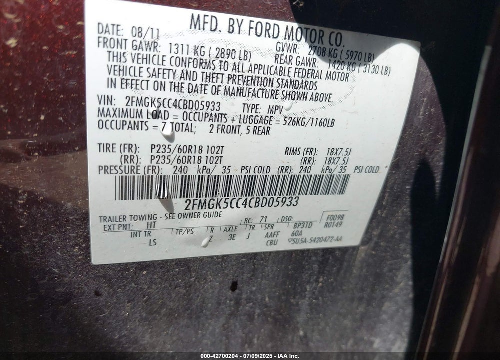 2012 FORD FLEX SEL VIN: 2FMGK5CC4CBD05933