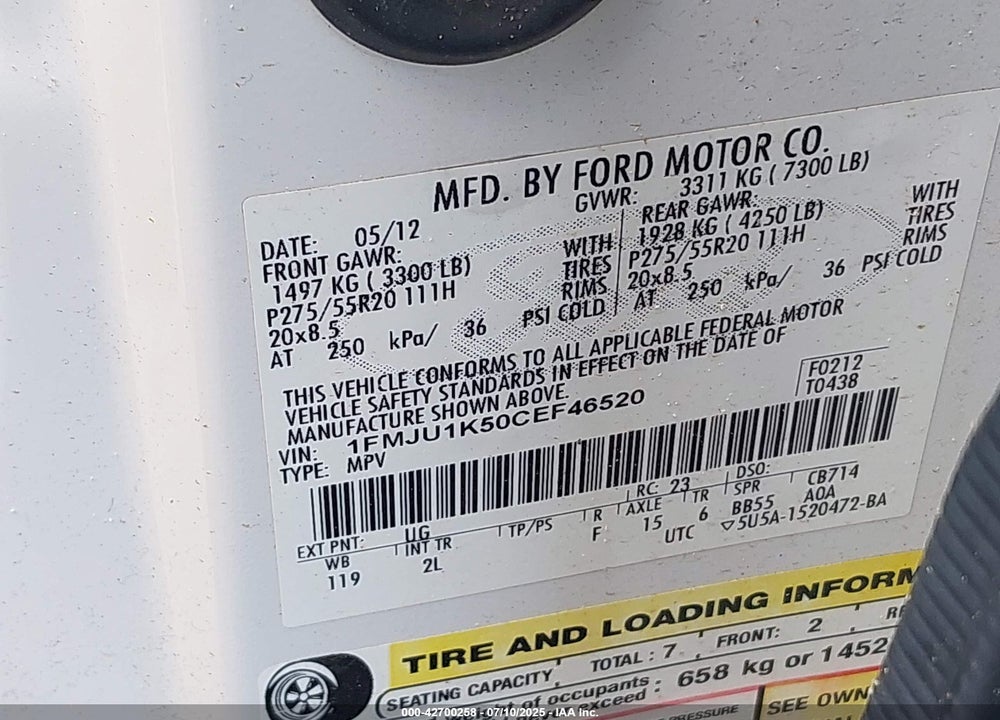 2012 FORD EXPEDITION VIN: 1FMJU1K50CEF46520