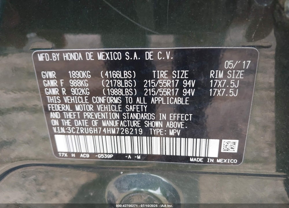 2017 HONDA HR-V EX-L VIN: 3CZRU6H74HM726219