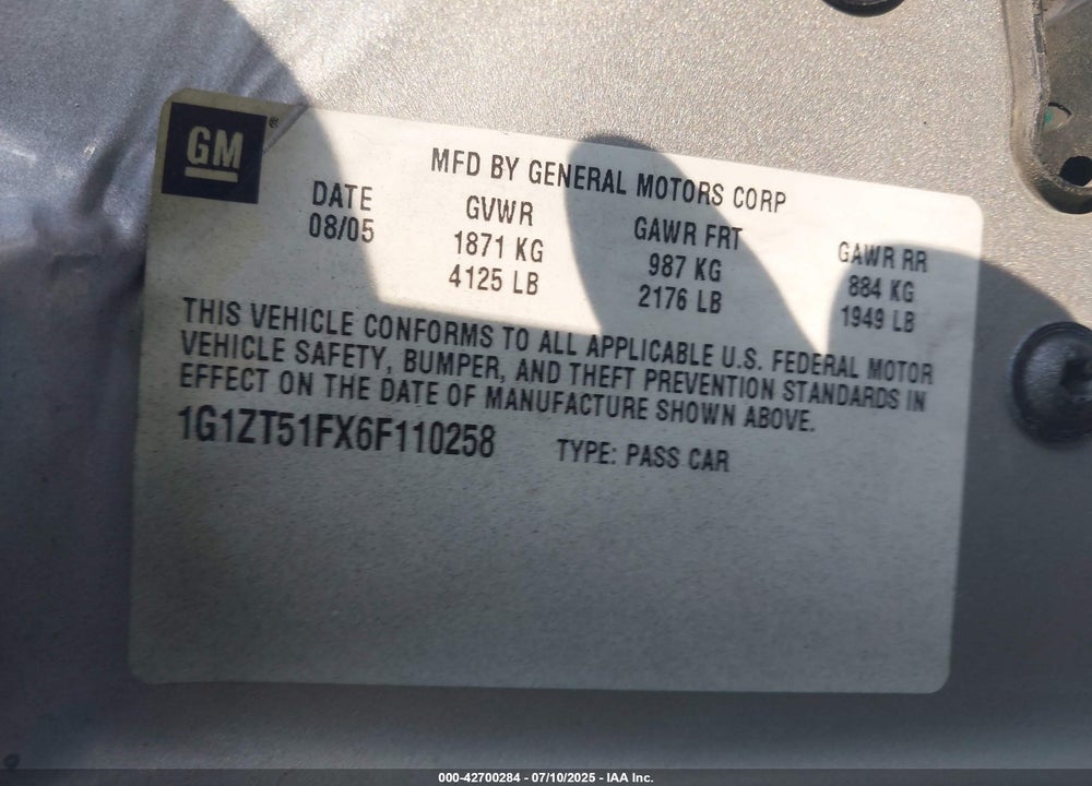 2006 CHEVROLET MALIBU VIN: 1G1ZT51FX6F110258