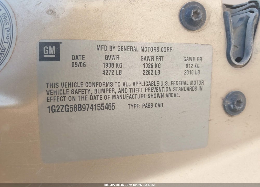 2007 PONTIAC G6 VIN: 1G2ZG58B974155465