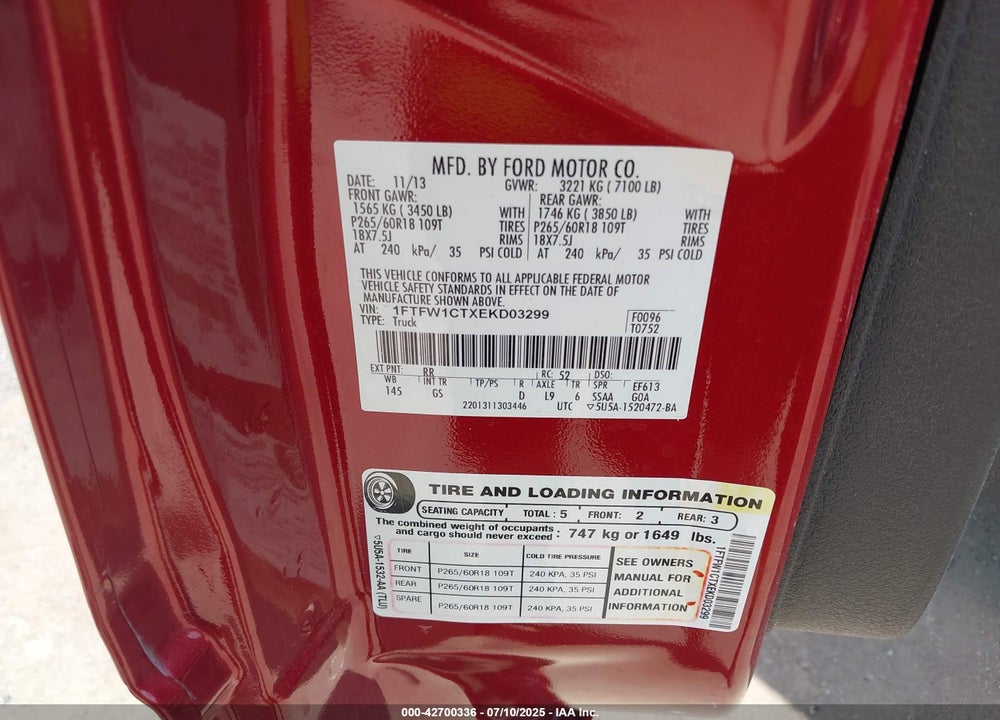2014 FORD F-150 VIN: 1FTFW1CTXEKD03299