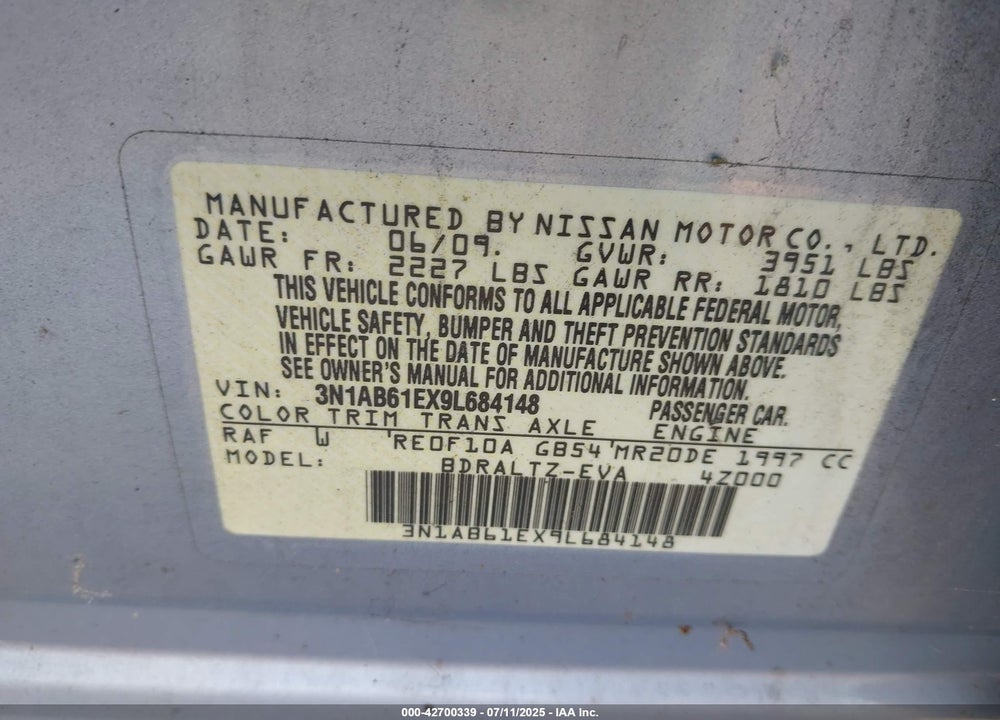 2009 NISSAN SENTRA VIN: 3N1AB61EX9L684148
