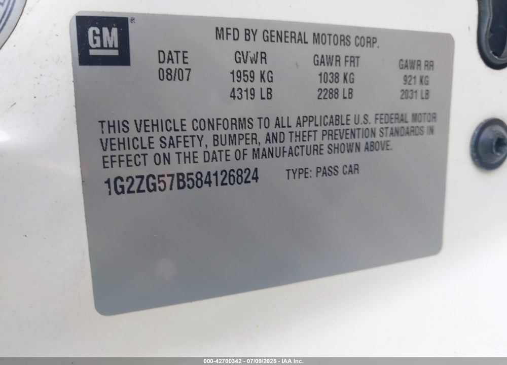 2008 PONTIAC G6 VIN: 1G2ZG57B584126824