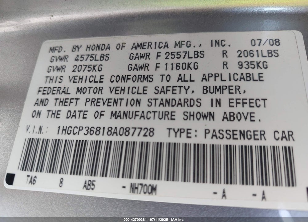 2008 HONDA ACCORD 3.5 EX-L VIN: 1HGCP36818A087728