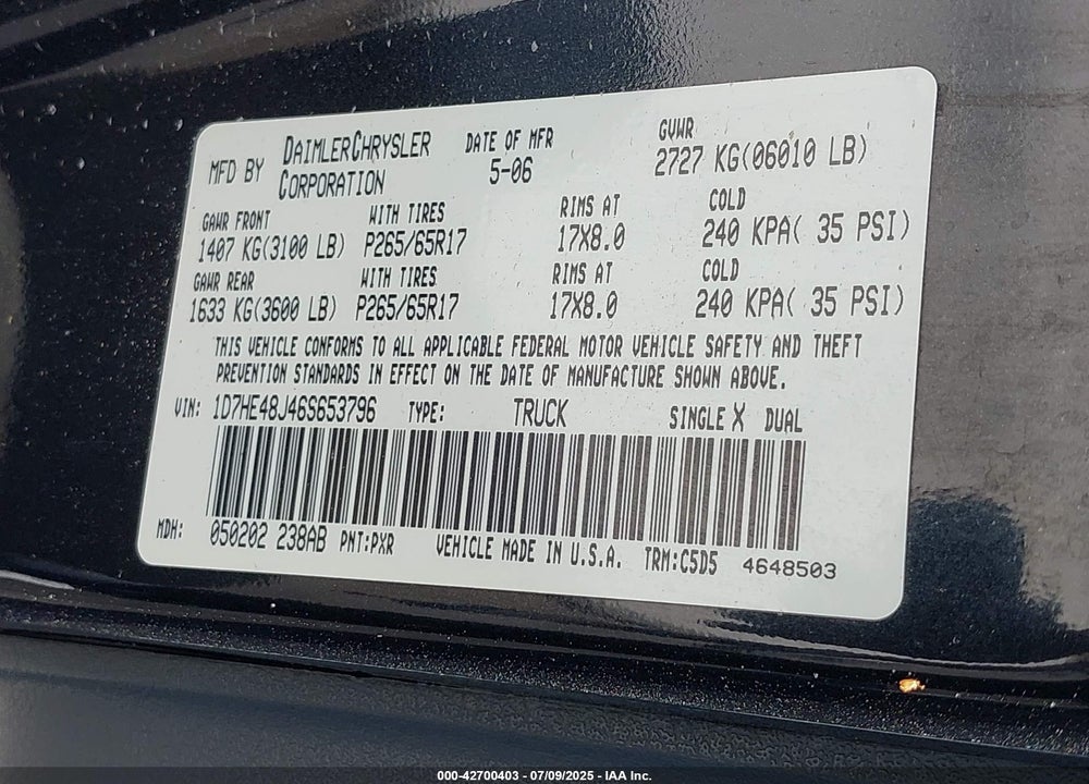 2006 DODGE DAKOTA SLT VIN: 1D7HE48J46S653796