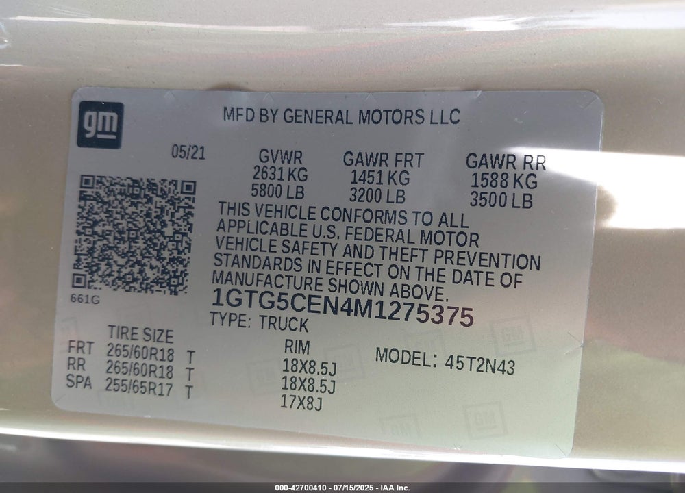 2021 GMC CANYON VIN: 1GTG5CEN4M1275375