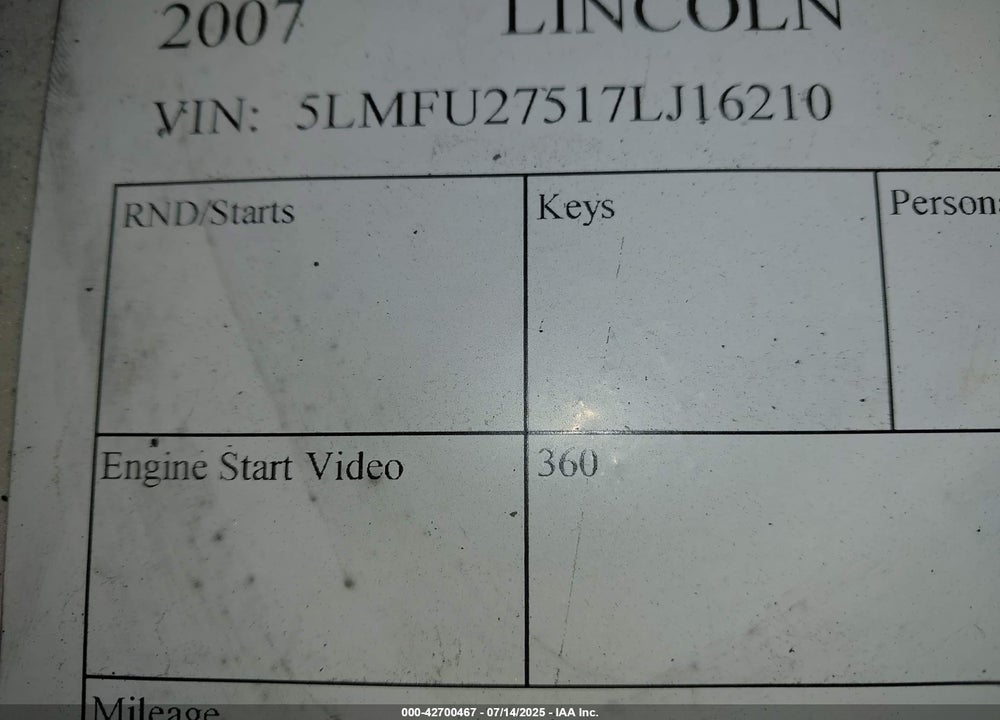 2007 LINCOLN NAVIGATOR VIN: 5LMFU27517LJ16210