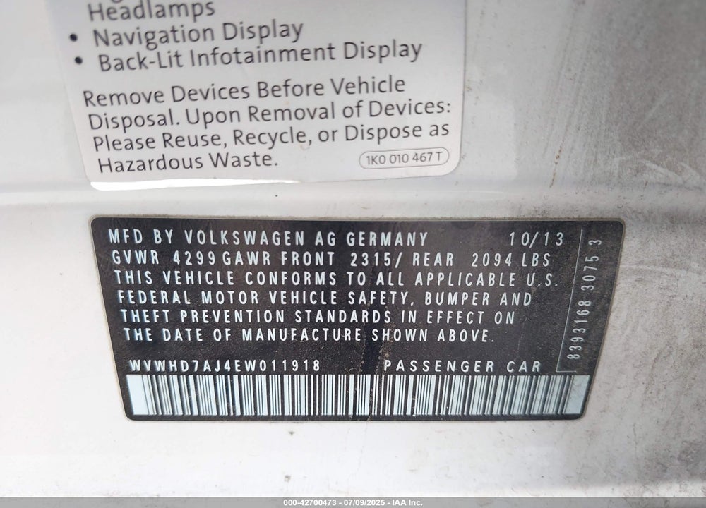 2014 VOLKSWAGEN GTI VIN: WVWHD7AJ4EW011918