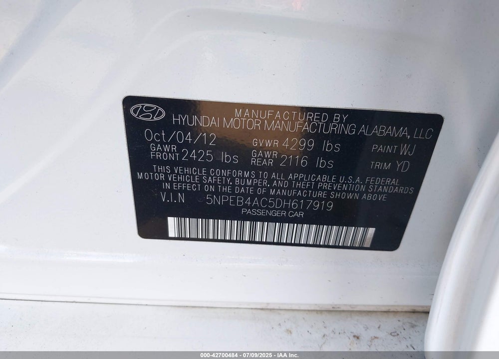 2013 HYUNDAI SONATA GLS VIN: 5NPEB4AC5DH617919