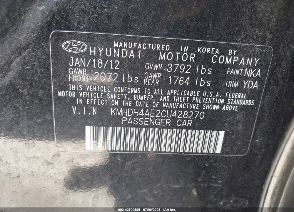 2012 HYUNDAI ELANTRA VIN: KMHDH4AE2CU428270