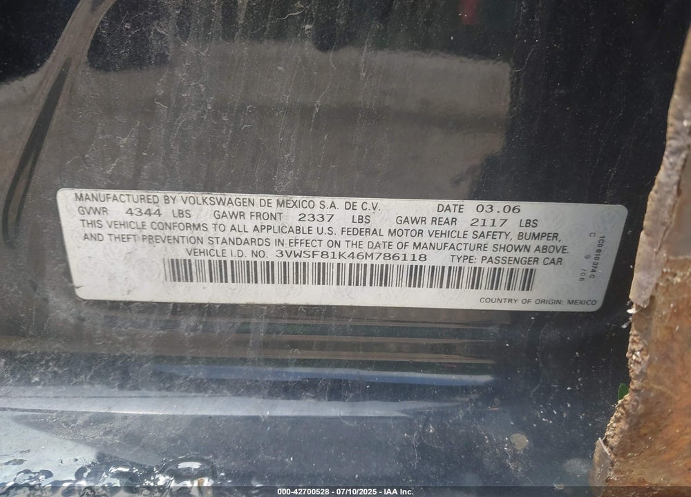 2006 VOLKSWAGEN JETTA 2.5 VIN: 3VWSF81K46M786118