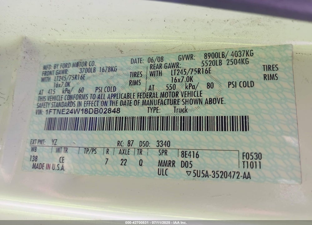2008 FORD E-250 VIN: 1FTNE24W18DB02848