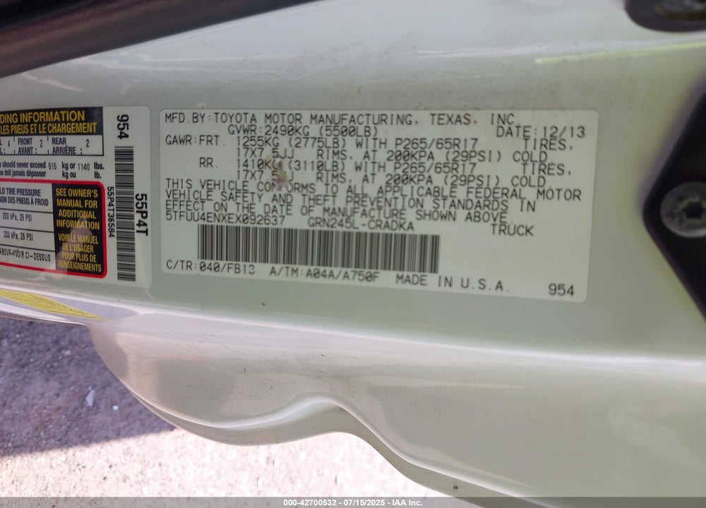 2014 TOYOTA TACOMA VIN: 5TFUU4ENXEX092637