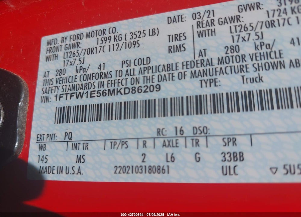 2021 FORD F-150 VIN: 1FTFW1E56MKD86209