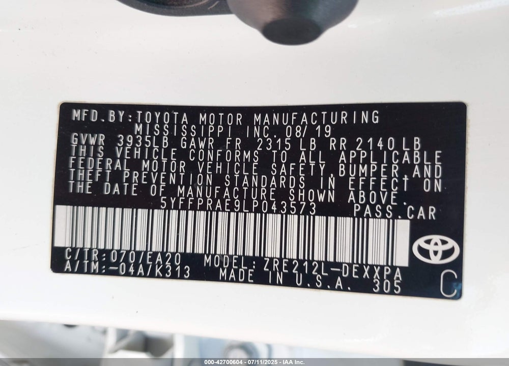 2020 TOYOTA COROLLA VIN: 5YFFPRAE9LP043573