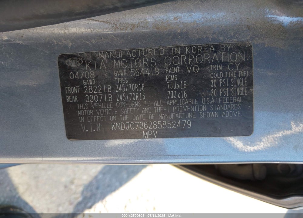 2008 KIA SORENTO VIN: KNDJC736285852479
