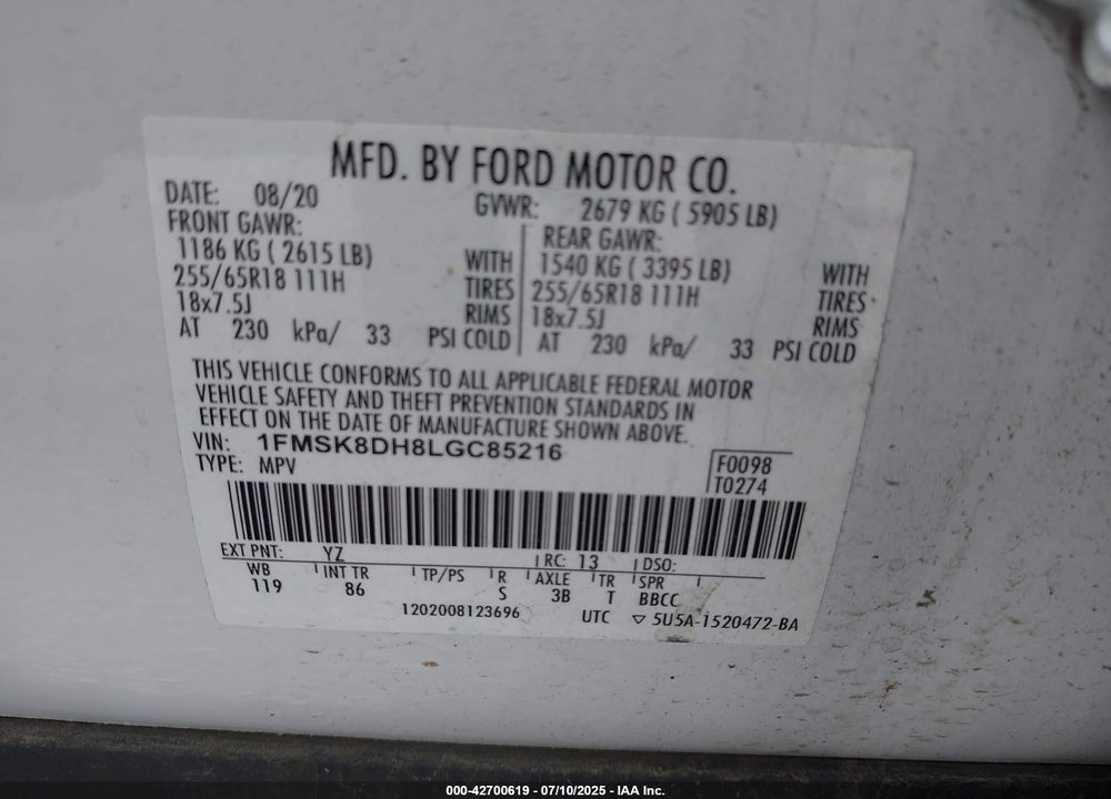 2020 FORD EXPLORER VIN: 1FMSK8DH8LGC85216