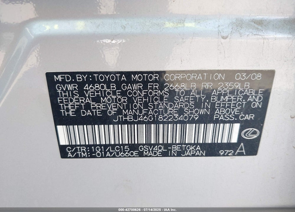 2008 LEXUS ES350 VIN: JTHBJ46G182234079