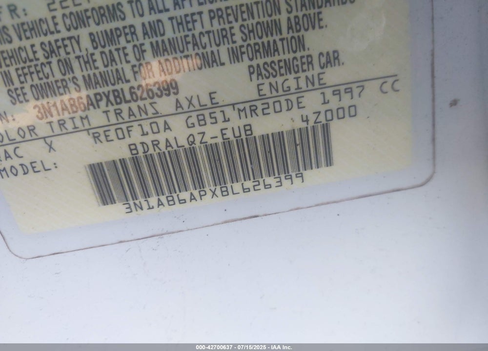2011 NISSAN SENTRA VIN: 3N1AB6APXBL626399