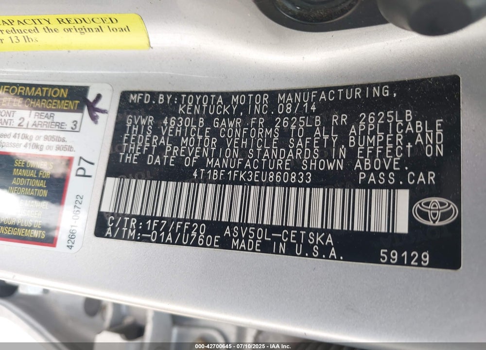 2014 TOYOTA CAMRY VIN: 4T1BF1FK3EU860833