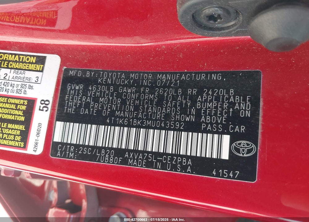 2021 TOYOTA CAMRY VIN: 4T1K61BK3MU043592