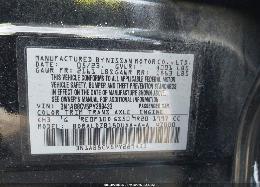 2023 NISSAN SENTRA VIN: 3N1AB8CV5PY289433